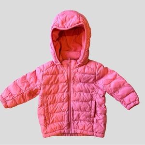 EUC - Uniqlo Baby Puffer Jacket Coat, Washable Packable. Pink Size 12-18 Mos